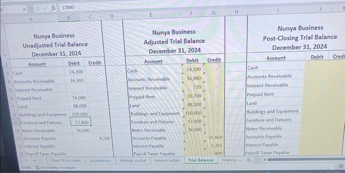 fx 17800 Account Nunya Business Unadjusted Trial Balance December 31, 2024 3 Cash 4 Accounts Receivable 5