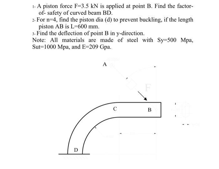 1- A piston force F=3.5 kN is applied at point B. Find the factor- of- safety of curved beam BD. 2- For n 4,