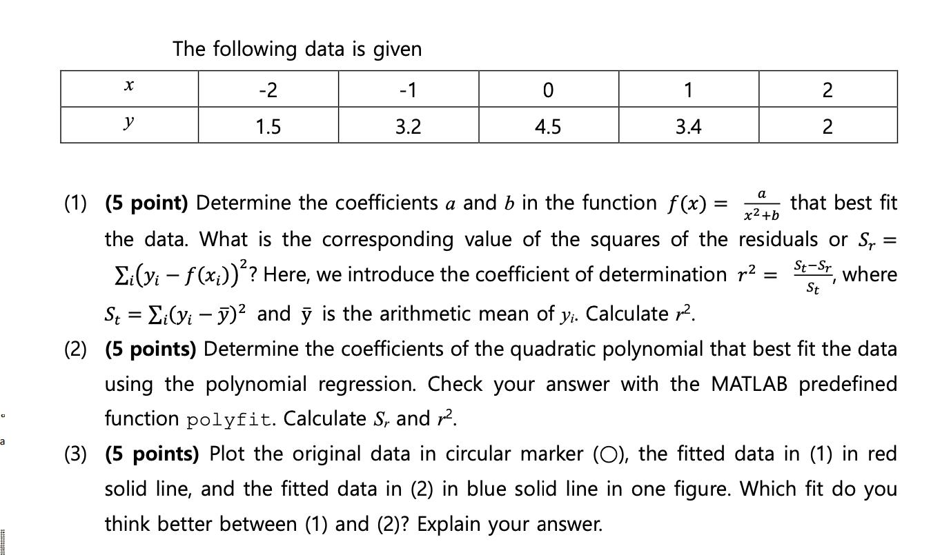 a X y The following data is given -2 -1 1.5 3.2 0 4.5 1 3.4 a x+b = 2 2 that best fit (1) (5 point) Determine