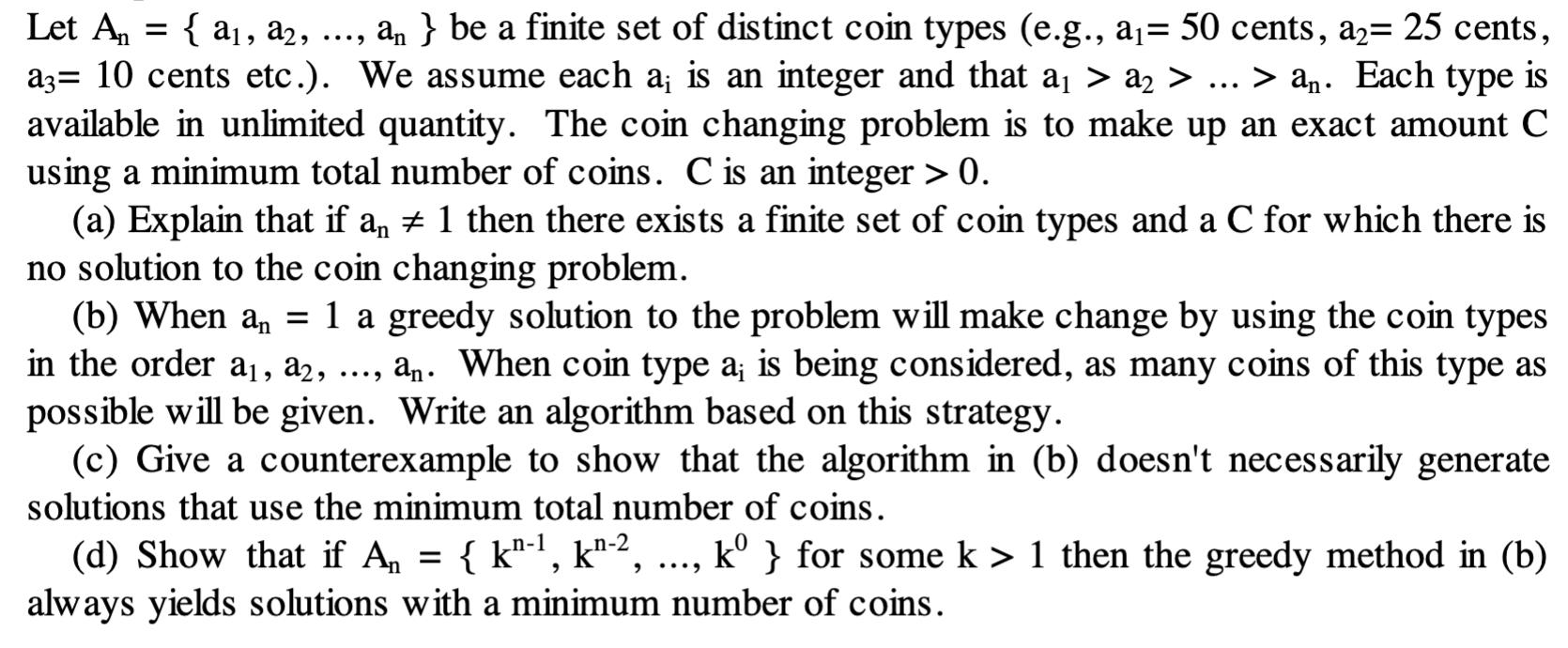 ... Let An = {a, a2, ..., an} be a finite set of distinct coin types (e.g., a= 50 cents, a2= 25 cents, a3= 10