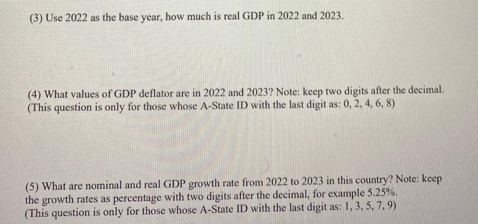 (3) Use 2022 as the base year, how much is real GDP in 2022 and 2023. (4) What values of GDP deflator are in