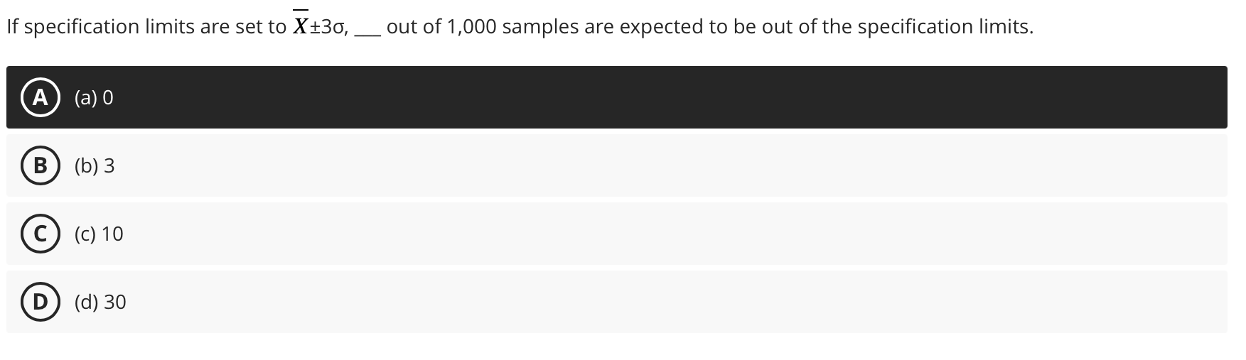 If specification limits are set to X30, out of 1,000 samples are expected to be out of the specification