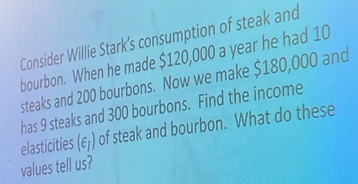 Consider Willie Stark's consumption of steak and bourbon. When he made $120,000 a year he had 10 steaks and