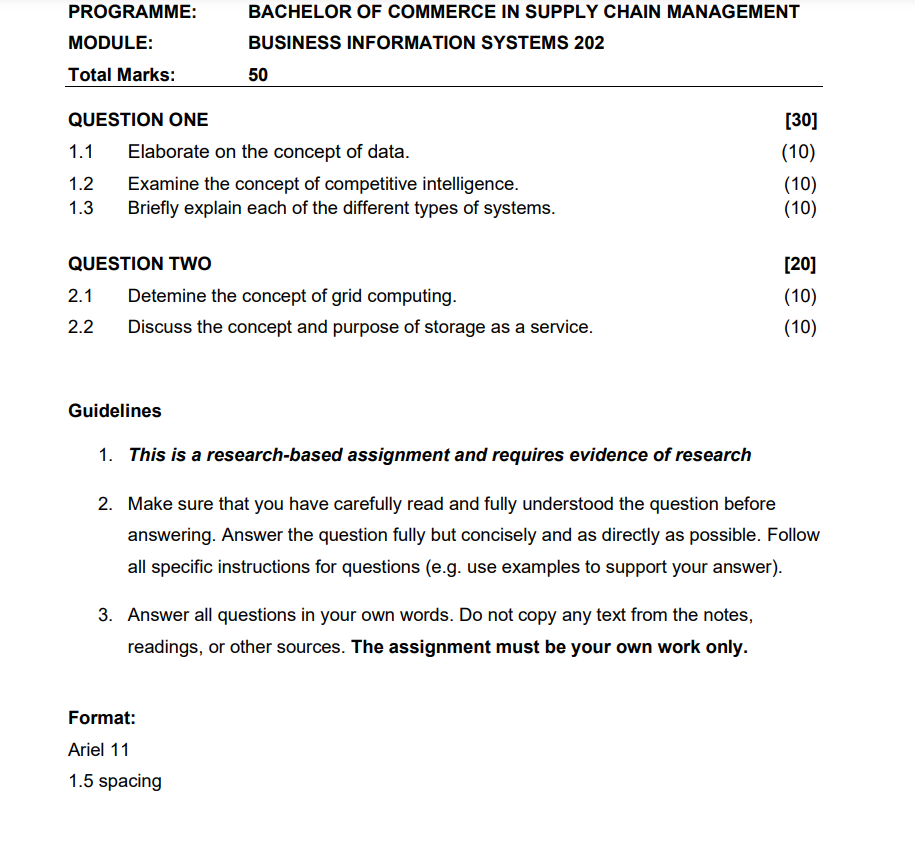 PROGRAMME: MODULE: Total Marks: 1.2 1.3 BACHELOR OF COMMERCE IN SUPPLY CHAIN MANAGEMENT BUSINESS INFORMATION