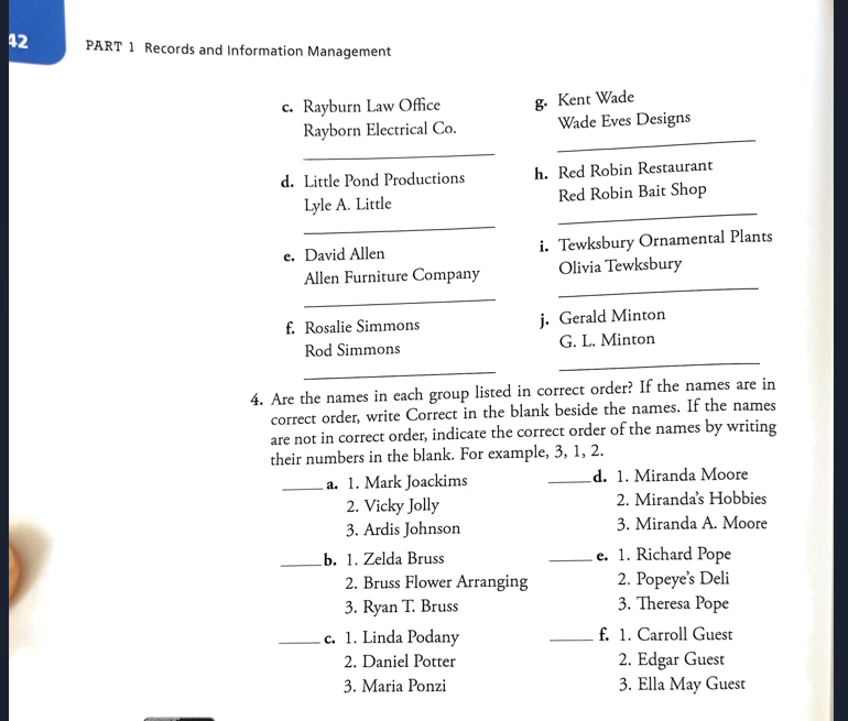 42 PART 1 Records and Information Management c. Rayburn Law Office Rayborn Electrical Co. d. Little Pond