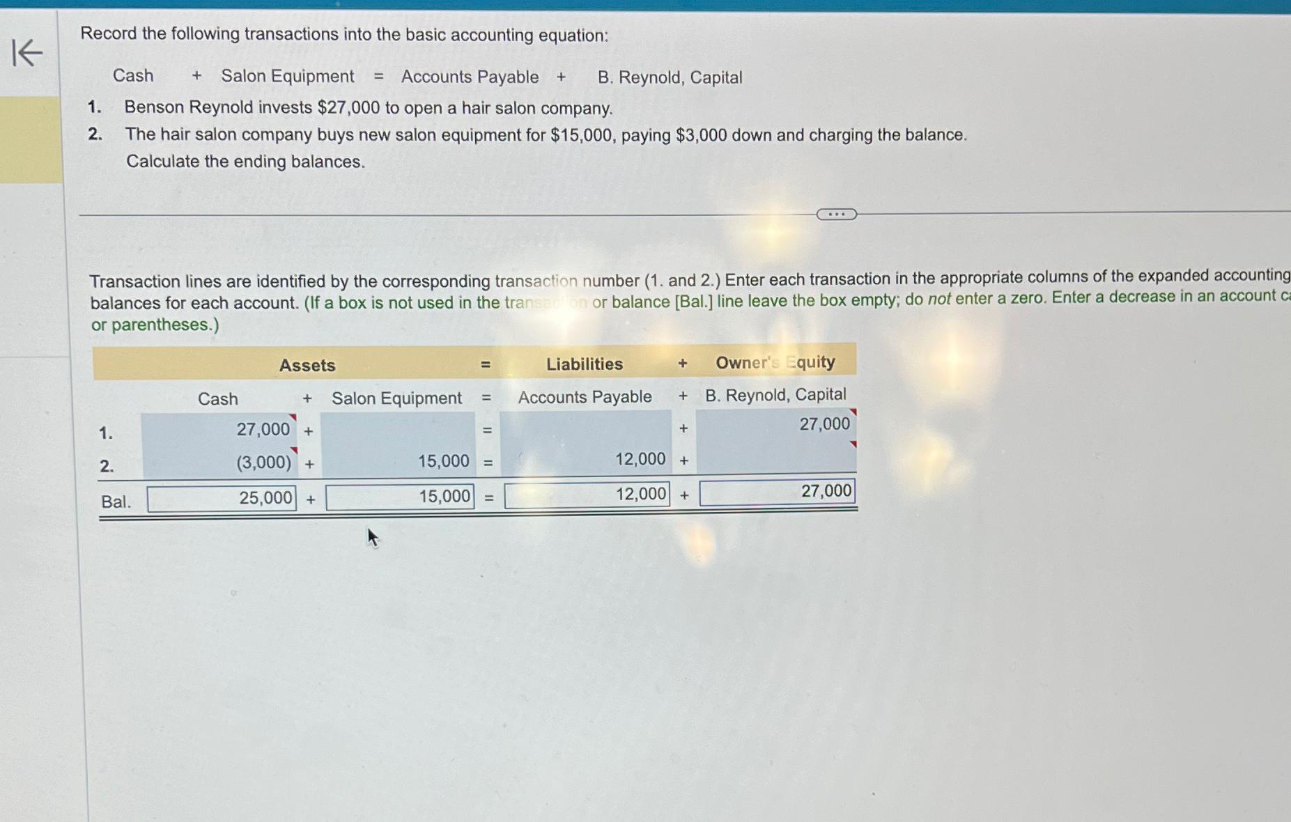 K Record the following transactions into the basic accounting equation: Cash + Salon Equipment = Accounts