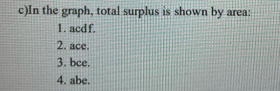 c)In the graph, total surplus is shown by area: 1. acdf. 2. ace. 3. bce. 4. abe.