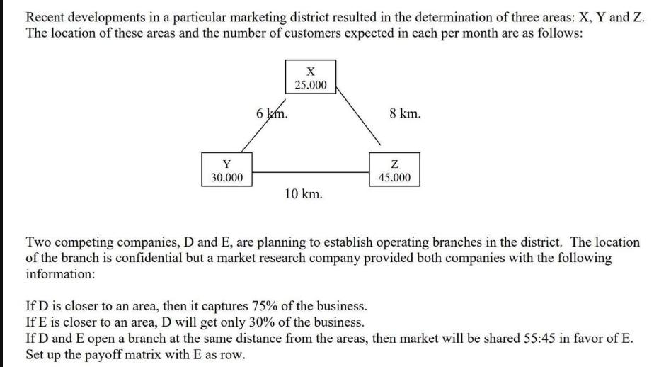 Recent developments in a particular marketing district resulted in the determination of three areas: X, Y and