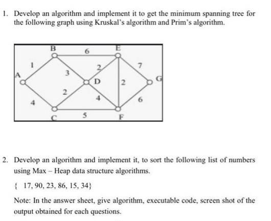 1. Develop an algorithm and implement it to get the minimum spanning tree for the following graph using