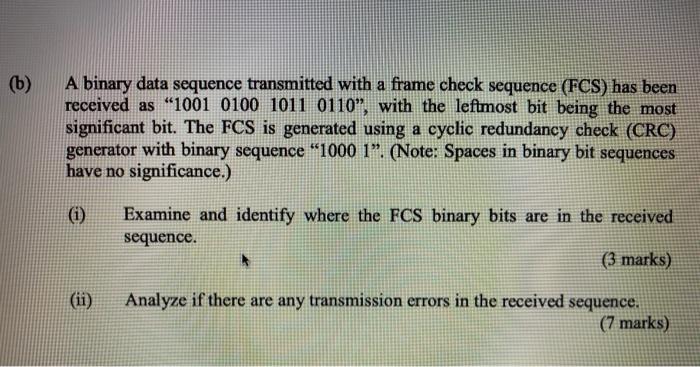 (b) A binary data sequence transmitted with a frame check sequence (FCS) has been received as 