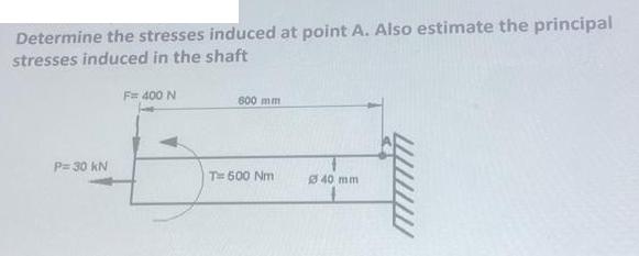 Determine the stresses induced at point A. Also estimate the principal stresses induced in the shaft P= 30 kN