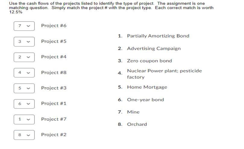 Use the cash flows of the projects listed to identify the type of project. The assignment is one matching