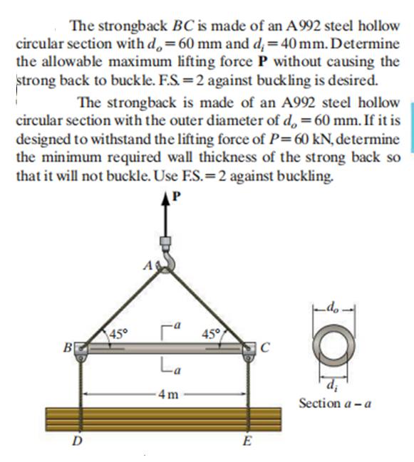 The strongback BC is made of an A992 steel hollow circular section with d, = 60 mm and d = 40 mm. Determine
