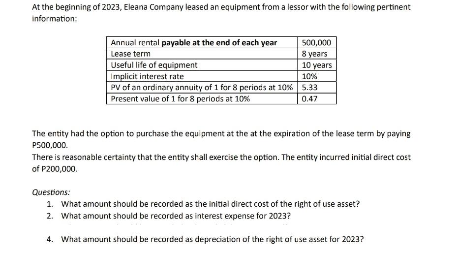 At the beginning of 2023, Eleana Company leased an equipment from a lessor with the following pertinent