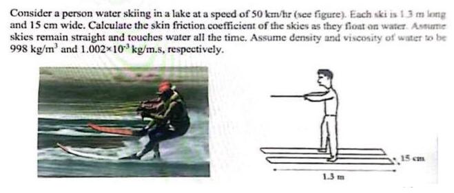 Consider a person water skiing in a lake at a speed of 50 km/hr (see figure). Each ski is 1.3 m long and 15