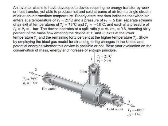 An inventor claims to have developed a device requiring no energy transfer by work or heat transfer, yet able