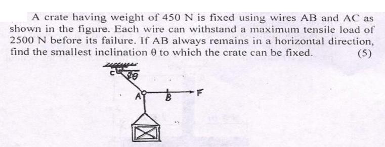 A crate having weight of 450 N is fixed using wires AB and AC as shown in the figure. Each wire can withstand