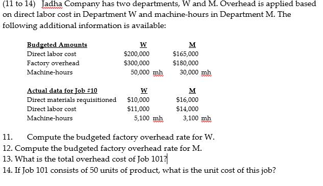 (11 to 14) Jadha Company has two departments, W and M. Overhead is applied based on direct labor cost in