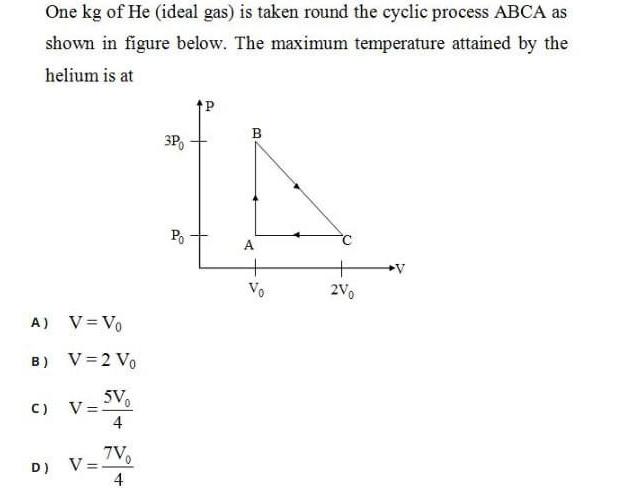 One kg of He (ideal gas) is taken round the cyclic process ABCA as shown in figure below. The maximum