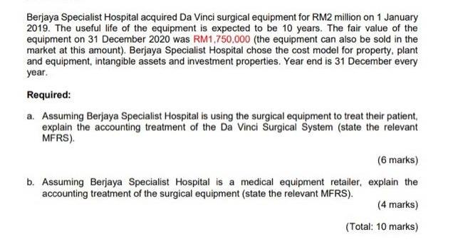 Berjaya Specialist Hospital acquired Da Vinci surgical equipment for RM2 million on 1 January 2019. The