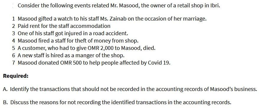 Consider the following events related Mr. Masood, the owner of a retail shop in Ibri. 1 Masood gifted a watch