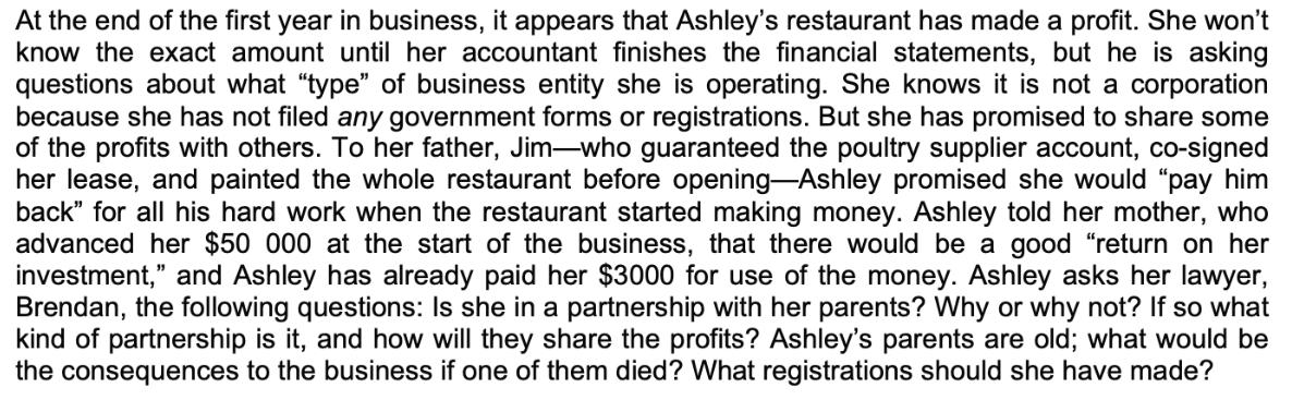At the end of the first year in business, it appears that Ashley's restaurant has made a profit. She won't