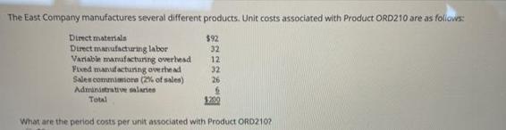 The East Company manufactures several different products. Unit costs associated with Product ORD210 are as