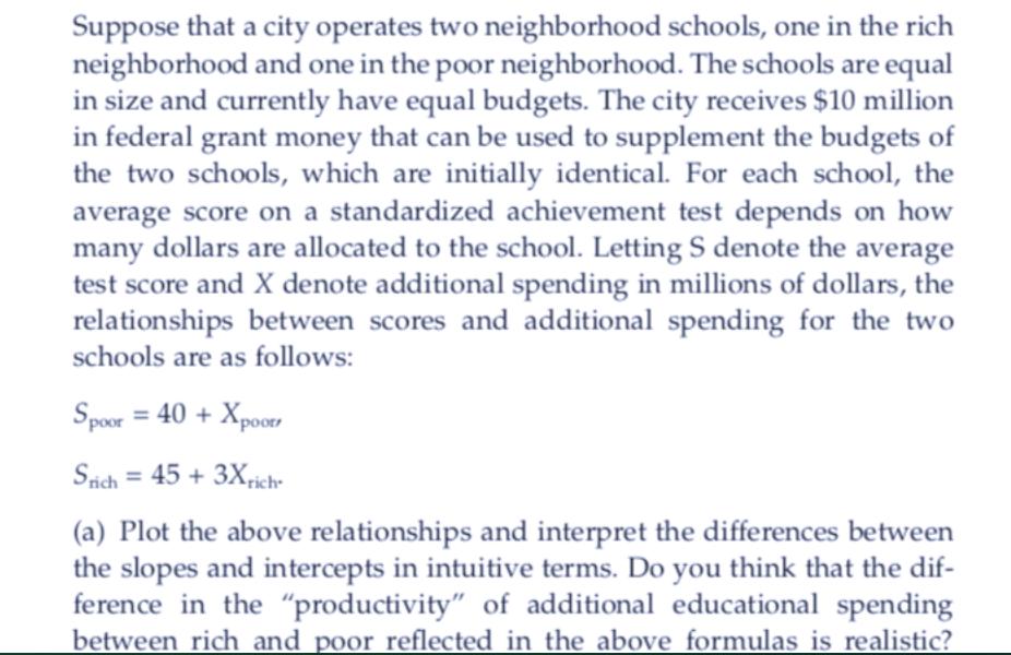 Suppose that a city operates two neighborhood schools, one in the rich neighborhood and one in the poor