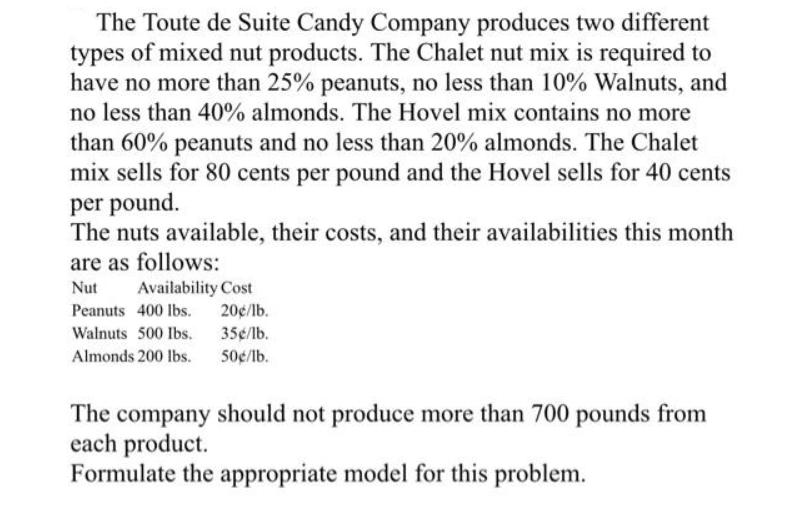 The Toute de Suite Candy Company produces two different types of mixed nut products. The Chalet nut mix is