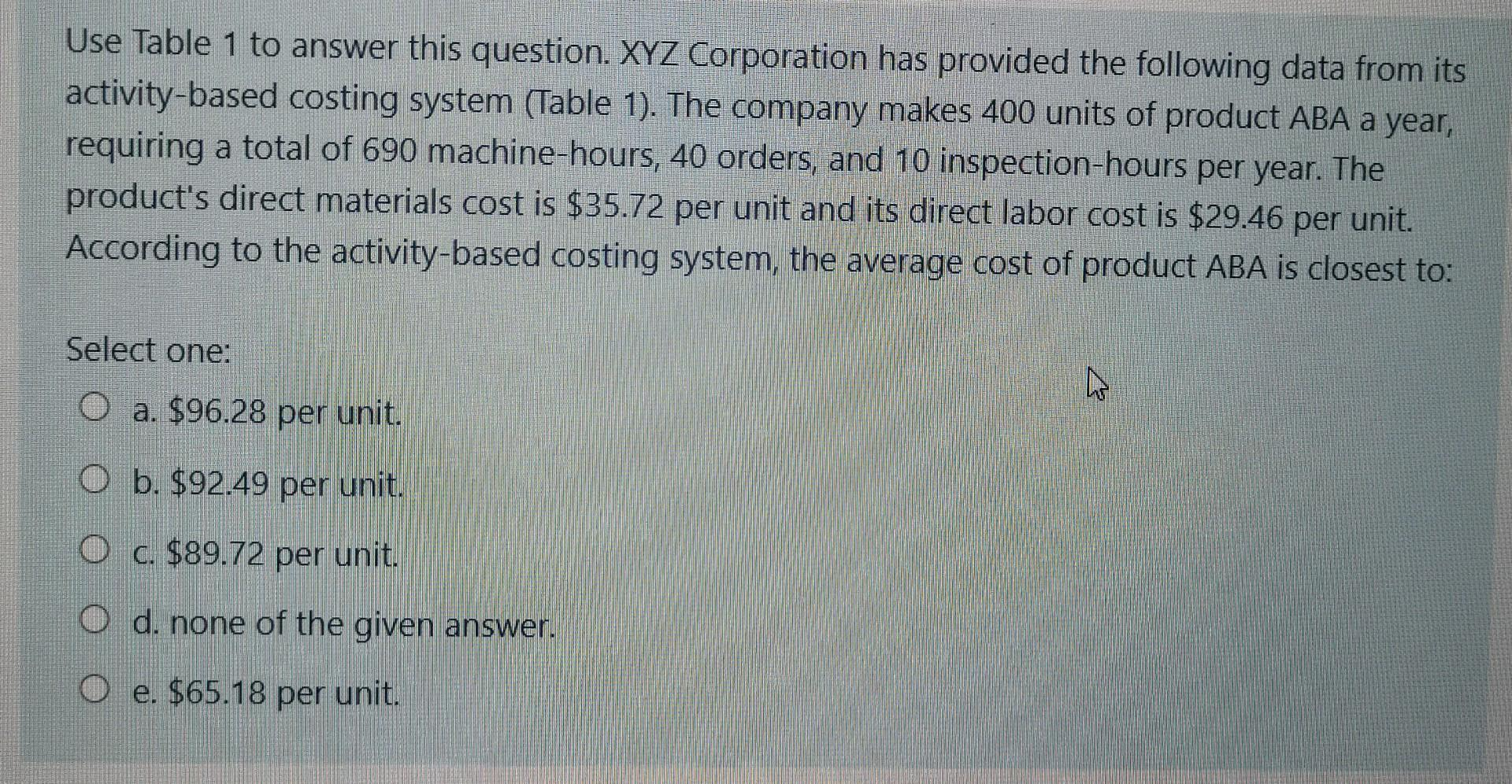 Use Table 1 to answer this question. XYZ Corporation has provided the following data from its activity-based