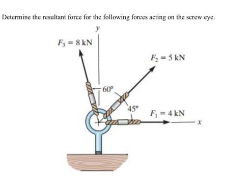Determine the resultant force for the following forces acting on the screw eye. F = 8 kN 60 45 F = 5 kN F = 4