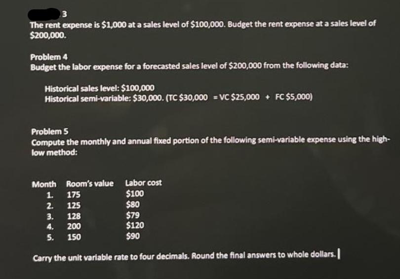 3 The rent expense is $1,000 at a sales level of $100,000. Budget the rent expense at a sales level of