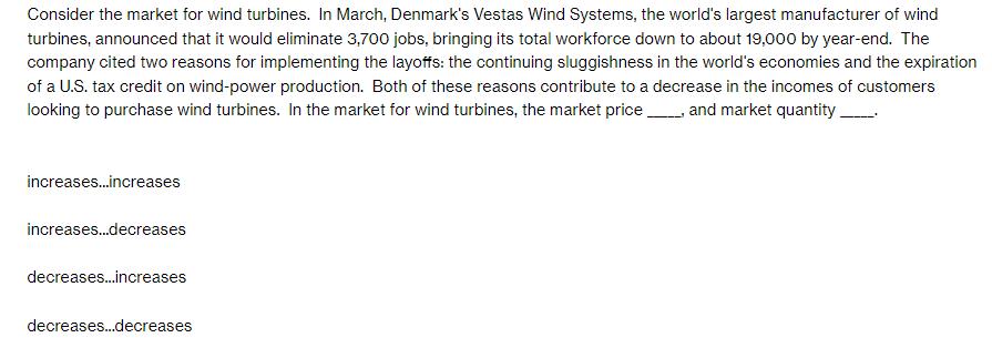Consider the market for wind turbines. In March, Denmark's Vestas Wind Systems, the world's largest