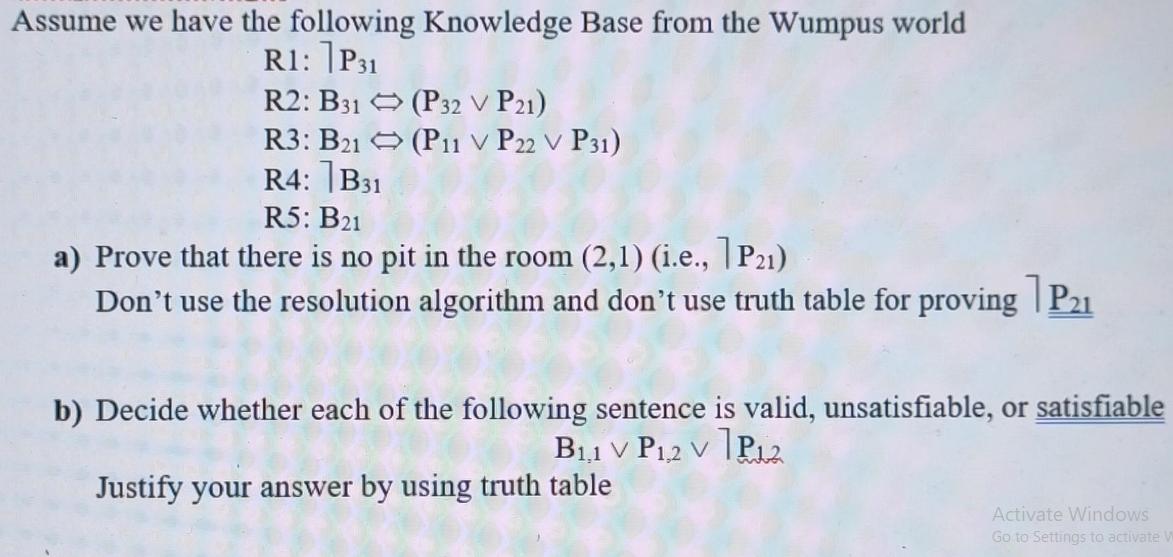 Assume we have the following Knowledge Base from the Wumpus world R1: P31 R2: B31 R3: B21 R4: B31 R5: B21