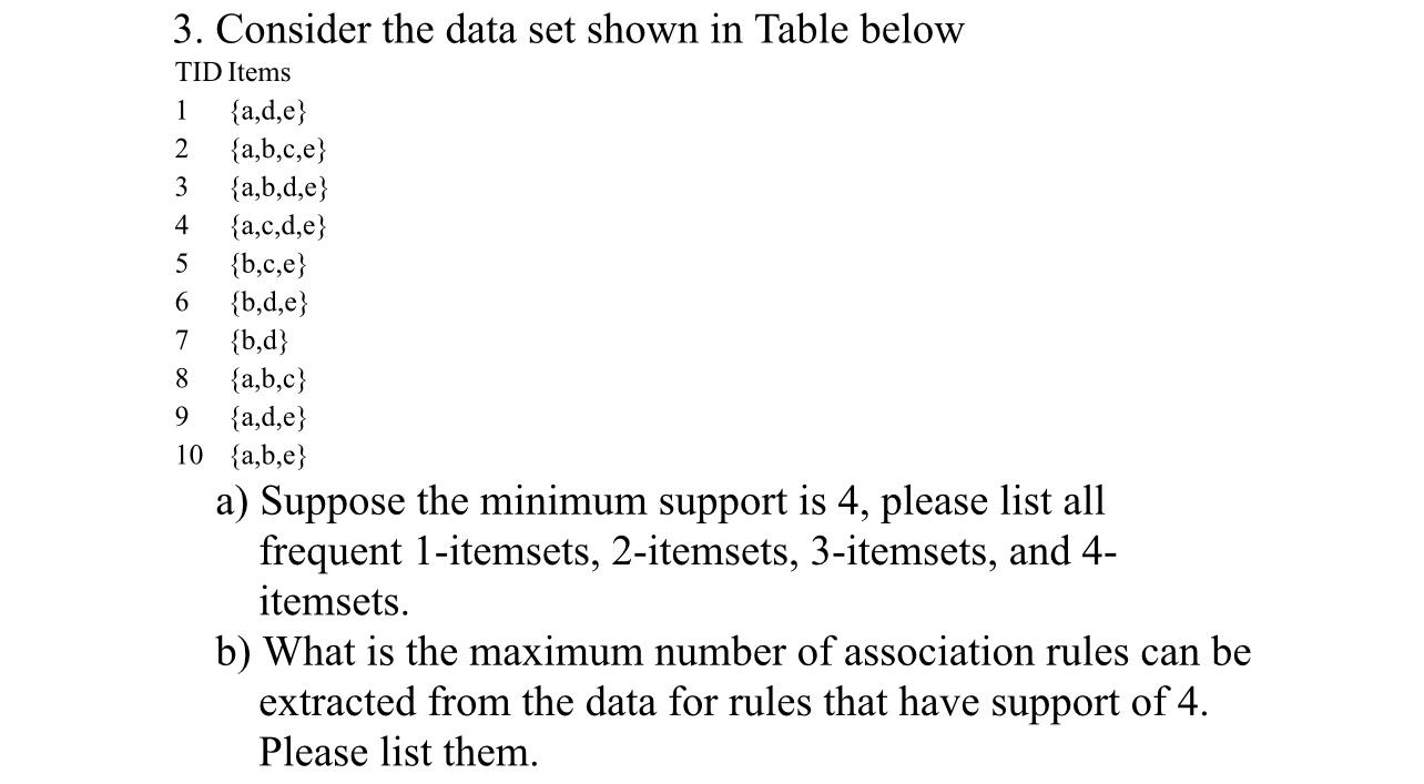 3. Consider the data set shown in Table below TID Items 1 {a,d,e} 2 {a,b,c,e} 3 {a,b,d,e} {a,c,d,e} 4 5