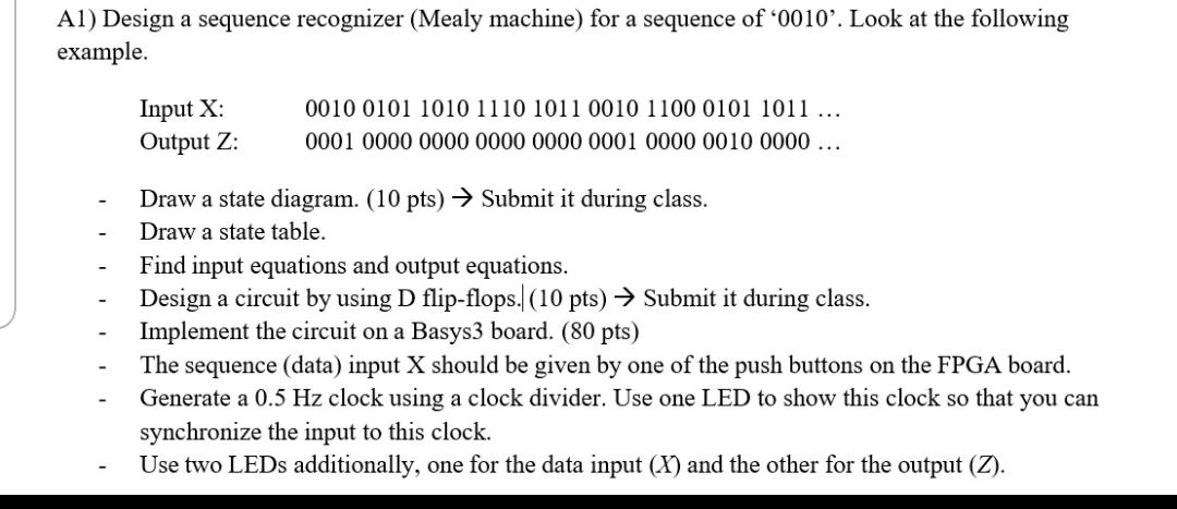 Al) Design a sequence recognizer (Mealy machine) for a sequence of '0010'. Look at the following example.