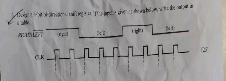 3Design a 4-bit bi-directional shift register. If the input is given as shown below, write the output in a