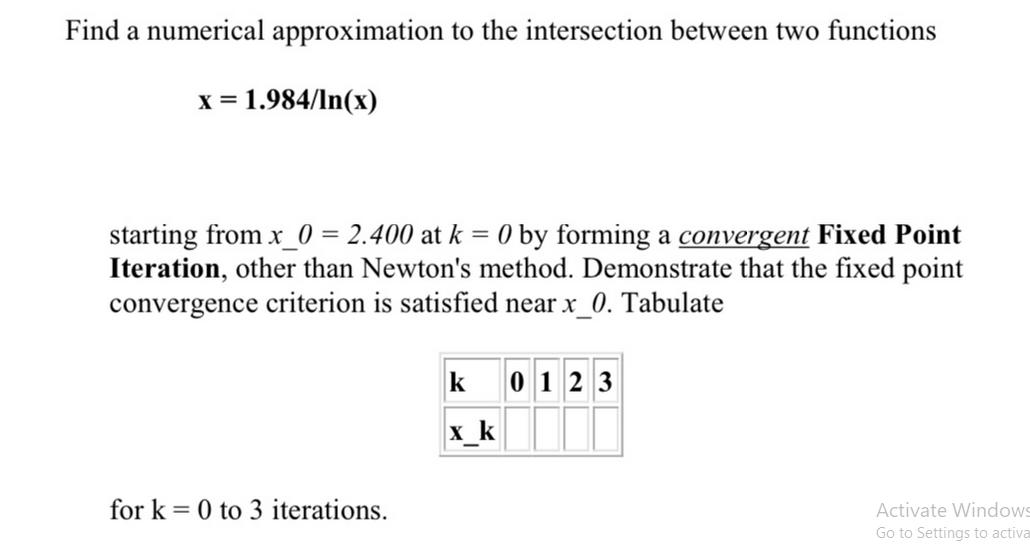 Find a numerical approximation to the intersection between two functions x = 1.984/ln(x) starting from x_0 =