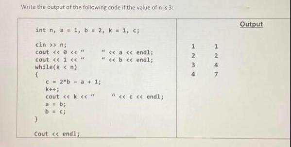 Write the output of the following code if the value of n is 3: int n, a = 1, b = 2, k = 1, c; cin >>n; cout <