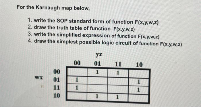 For the Karnaugh map below, 1. write the SOP standard form of function F(x,y,w,z) 2. draw the truth table of