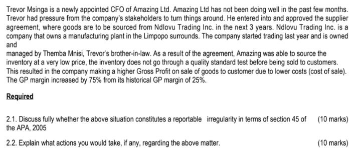 Trevor Msinga is a newly appointed CFO of Amazing Ltd. Amazing Ltd has not been doing well in the past few