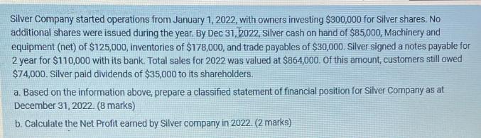 Silver Company started operations from January 1, 2022, with owners investing $300,000 for Silver shares. No