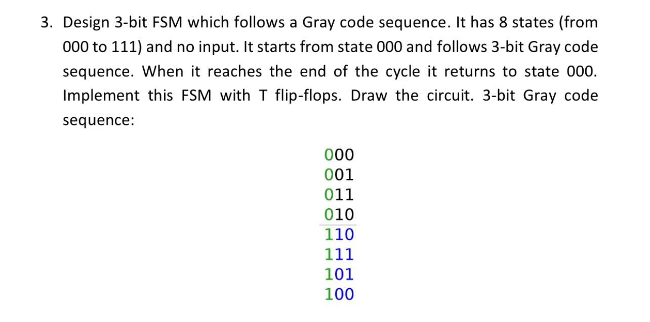 3. Design 3-bit FSM which follows a Gray code sequence. It has 8 states (from 000 to 111) and no input. It