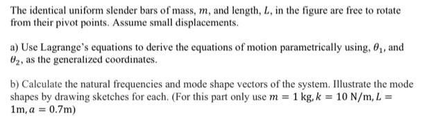 The identical uniform slender bars of mass, m, and length, L, in the figure are free to rotate from their