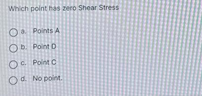 Which point has zero Shear Stress Oa. Points A O b. Point D c. Point C O Od. No point.