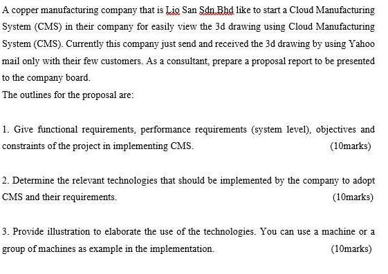 A copper manufacturing company that is Lio San Sdn.Bhd like to start a Cloud Manufacturing System (CMS) in
