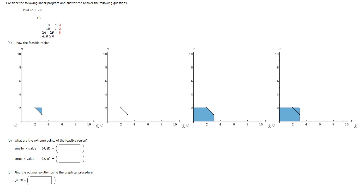 Consider the following linear program and answer the answer the following questions. Max 1A + 2B 1A 3 18 < 2