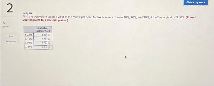 2 5 paints Prie References Required: Find the equivalent taxable yield of the municipal bond for tax brackets