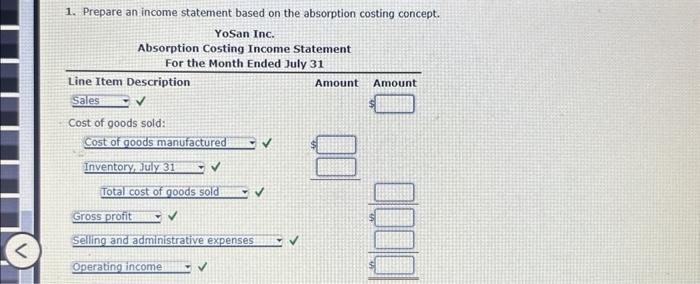 1. Prepare an income statement based on the absorption costing concept. YoSan Inc. Absorption Costing Income