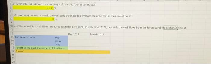 4 a) What interest rate can the company lock in using futures contracts? 5 0.016 % 6 7 b) How many contracts
